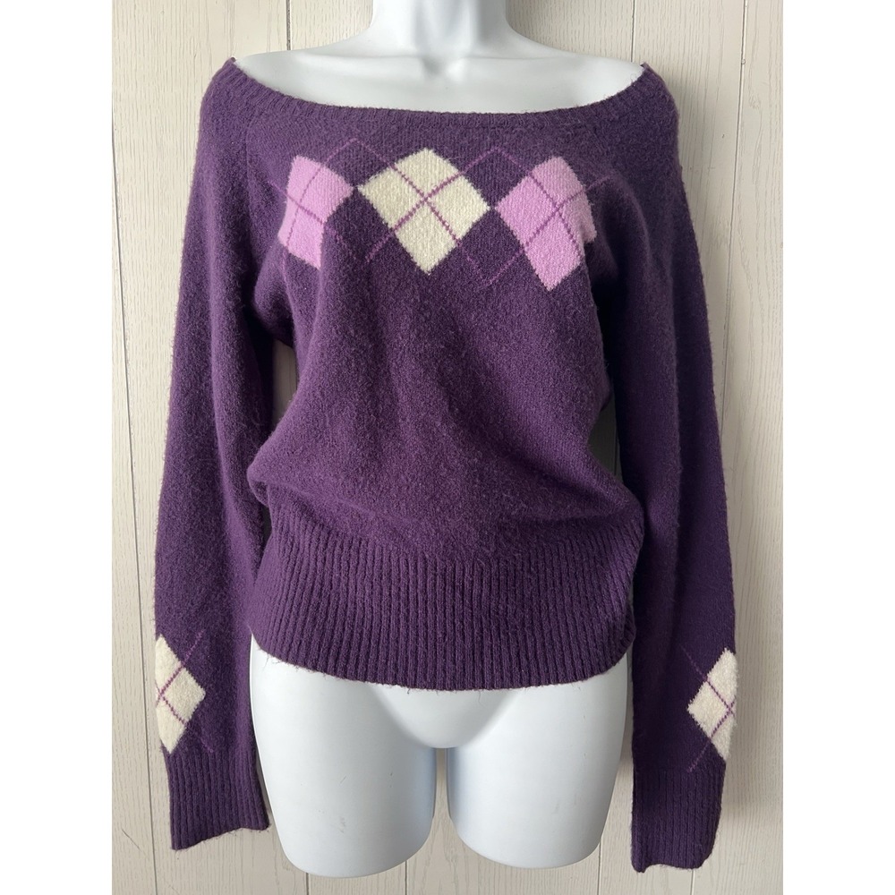 VTG Y2K Aeropostale Off Shoulder Sweater Argyle Diamond Purple Women's Medium
